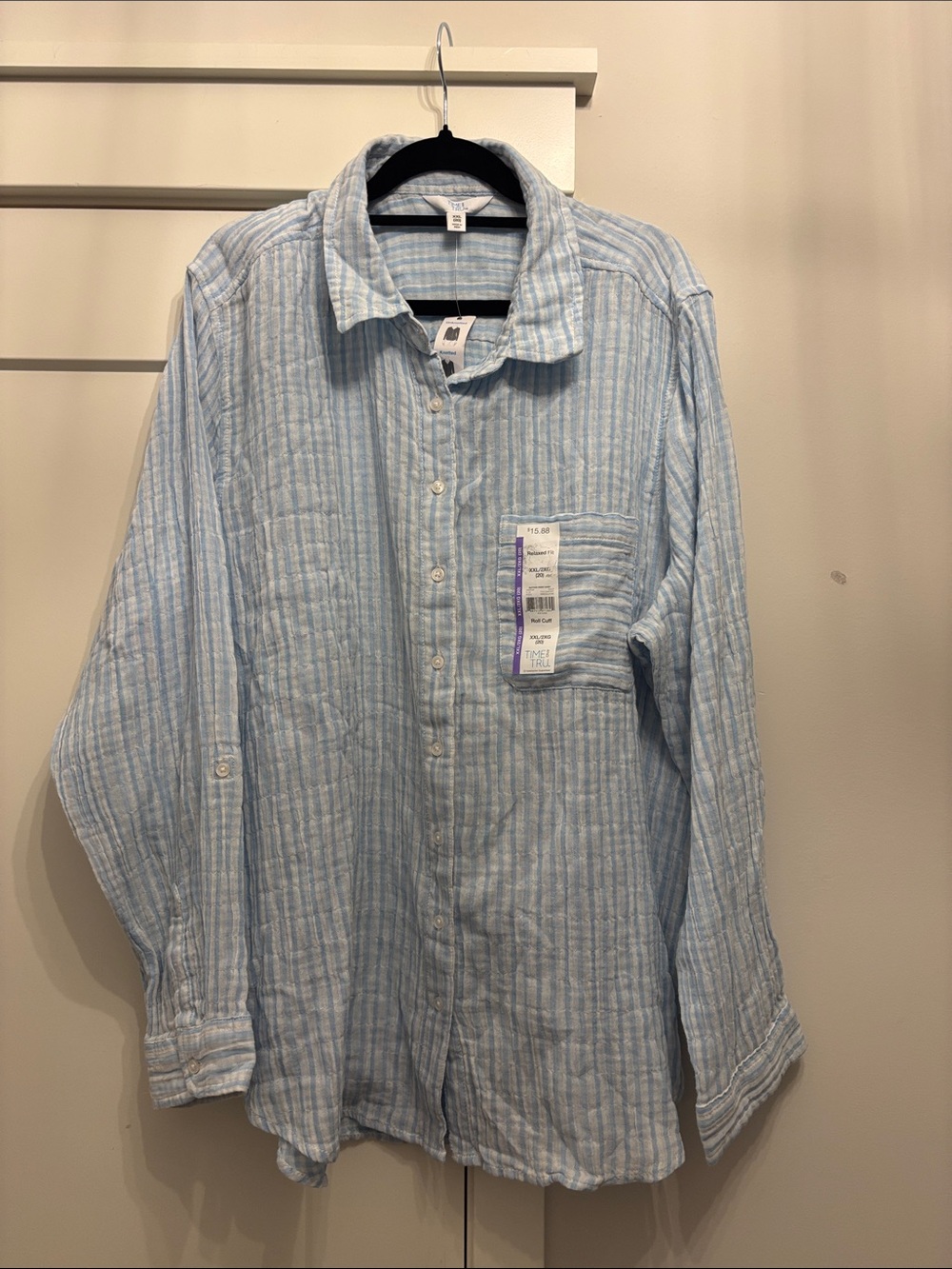 Time and Tru Light Blue Striped Casual Button-Down Shirt